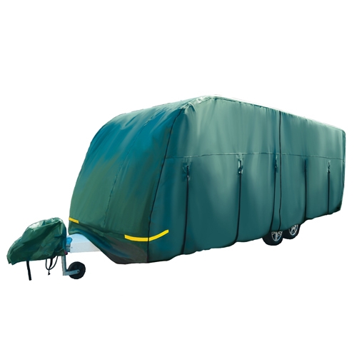 Green waterproof caravan cover designed for 23ft to 6.8m caravans, featuring zippered access points and reflective strips for visibility.