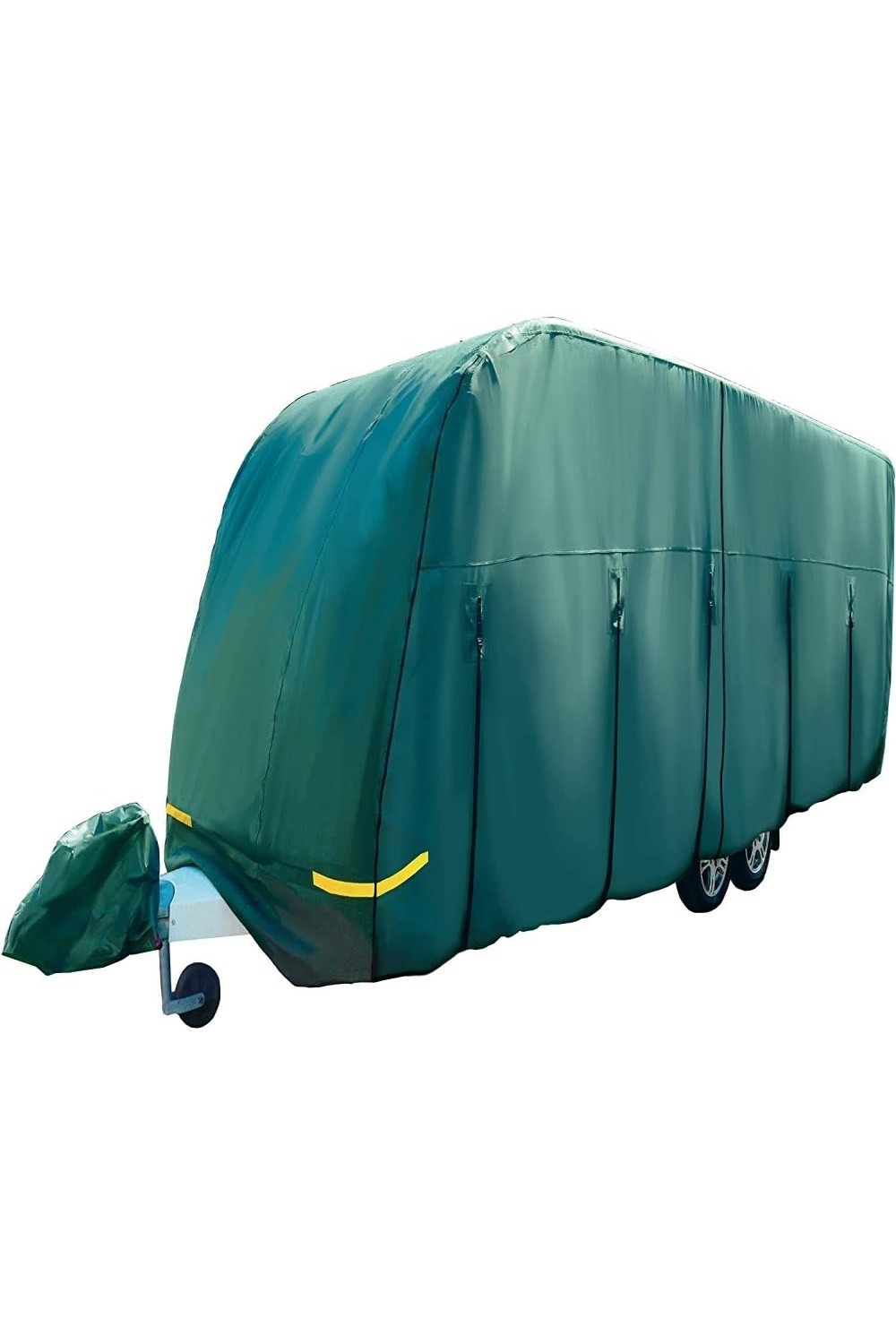 Green caravan cover designed for 25ft 6 to 7.4m models, featuring a durable material, zippered access points, and a protective front section for the hitch.