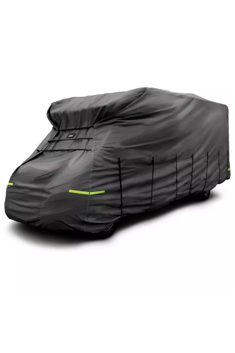A grey motorhome cover designed for vehicles measuring 6.5 to 7 meters, featuring reflective strips and a fitted design for secure protection against weather elements.