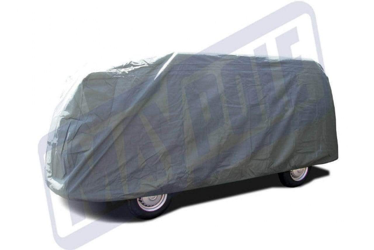Grey cover for a VW T2 camper van, made from durable material, designed to protect the vehicle with a snug fit and featuring a smooth, weather-resistant surface.