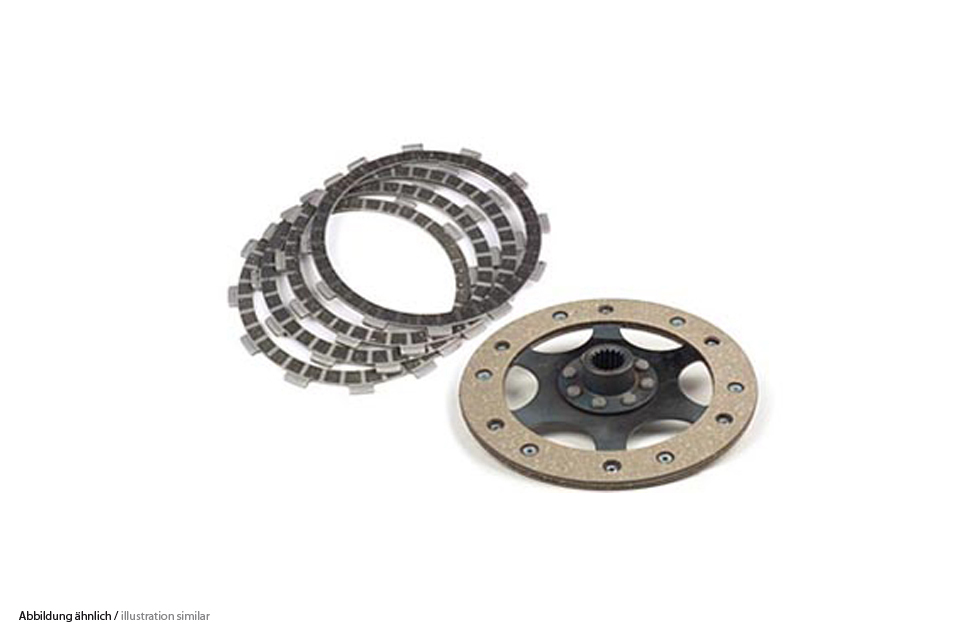 TRW MCC102-4 Clutch Lining Disc Set featuring a circular disc with a dark center and multiple metallic friction plates arranged around it, all in a neutral color scheme.