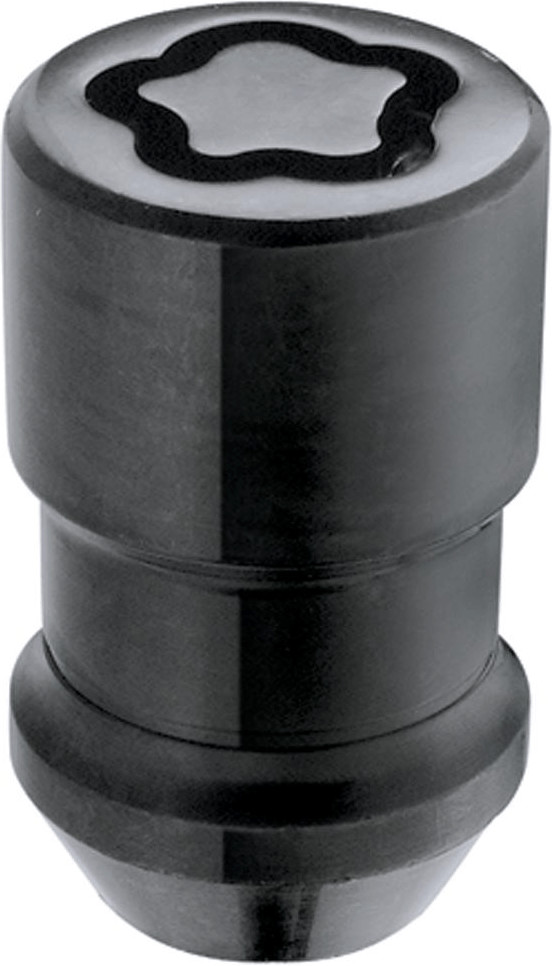 Black locking wheel bolt with a star-shaped pattern on top, featuring a smooth, rounded design and a durable metal construction for enhanced security.