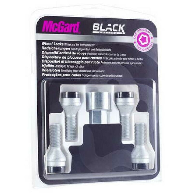 Four silver locking wheel bolts with black accents, packaged in a clear plastic blister pack, labeled with McGard branding and featuring a security key for added protection.
