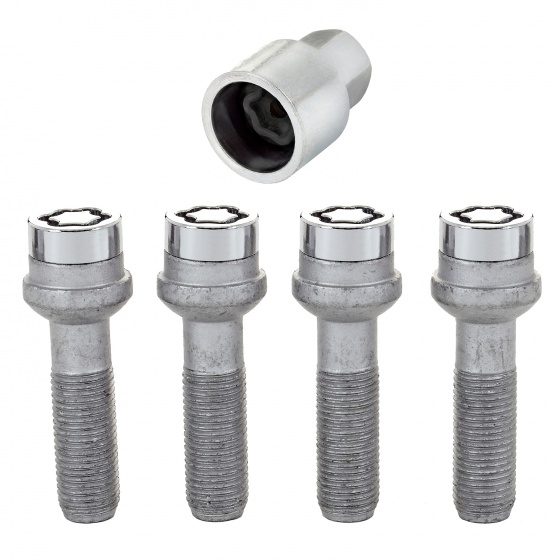 Four silver locking wheel bolts with a chrome finish and hexagonal heads, accompanied by a matching key for installation, showcasing a durable steel construction.