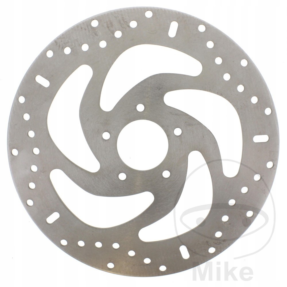 Silver metal brake disc with a circular design, featuring a five-spoke pattern and multiple drilled holes for improved cooling and performance.