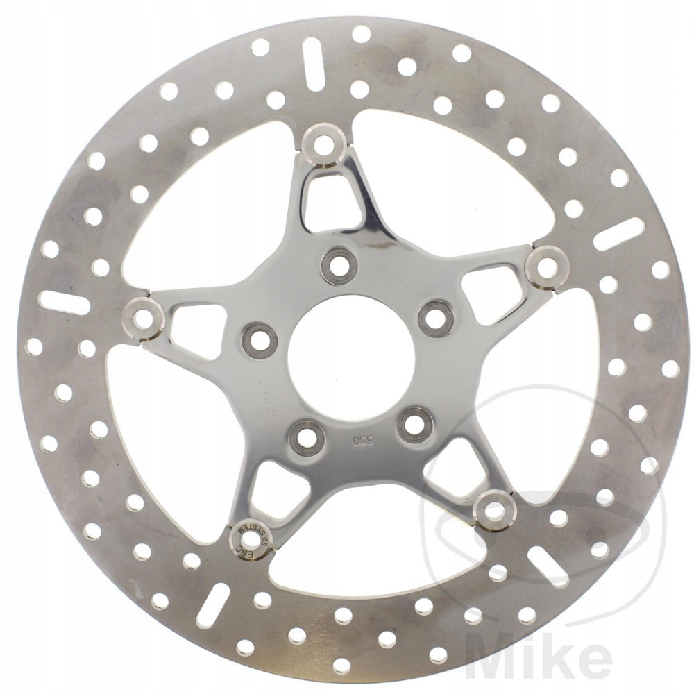 Silver metal brake disc with a star-shaped center, featuring multiple holes and a smooth surface, designed for high-performance braking.