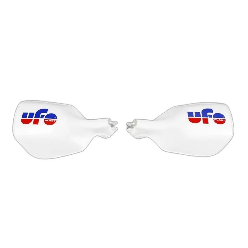 White UFO Vintage Hand Guards featuring a sleek design, made of durable plastic, with a prominent blue and red UFO logo on each guard.