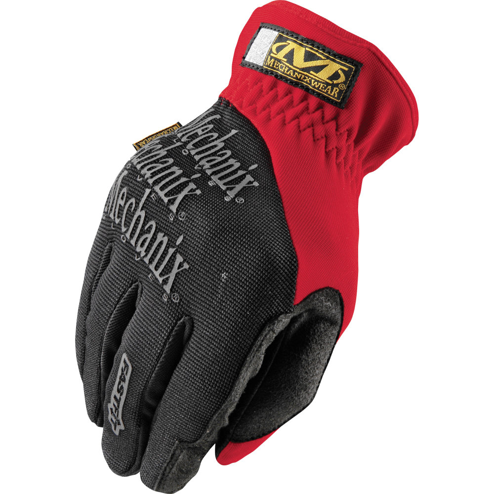 Red and black full-finger work gloves with a keystone thumb style, featuring the Mechanix logo, designed for general purpose use, size large (10).