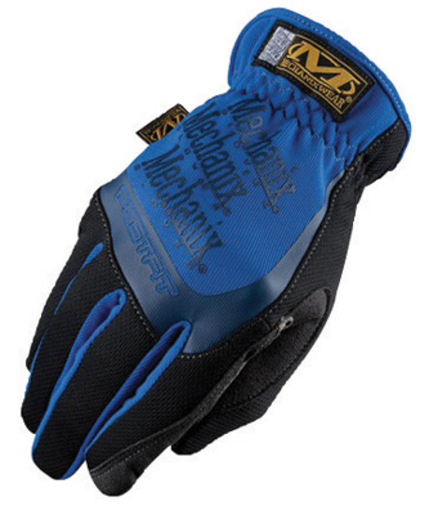 Blue FastFit® Mechanics Gloves featuring a synthetic leather palm and TrekDry back, designed for comfort and breathability, with black accents and branding details.