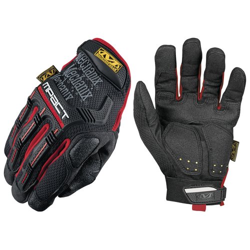 Black and red M-Pact® mechanics gloves featuring an Armortex® palm, TPR back, and padded knuckles for enhanced protection and grip, size 8.