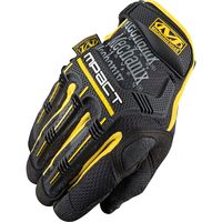 Black and yellow Mechanix M-Pact mechanics glove featuring padded knuckles, reinforced fingertips, and a breathable mesh back for enhanced grip and protection.