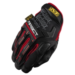 Black and red mechanics gloves featuring a TPR back, hook-and-loop closure, and padded fingers, designed for durability and protection during heavy-duty tasks.