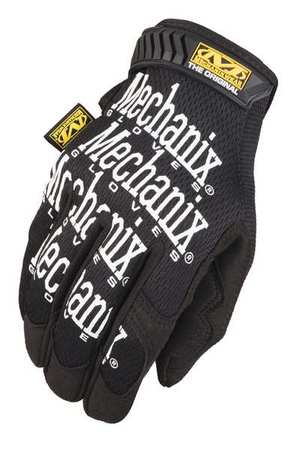 Black Mechanix Original gloves with a textured grip, featuring white logo prints, reinforced fingertips, and a snug fit for enhanced dexterity and protection.