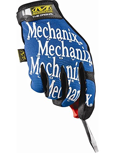 Blue mechanics gloves featuring a synthetic leather palm, TrekDry back for breathability, and prominent "Mechanix" branding across the surface.