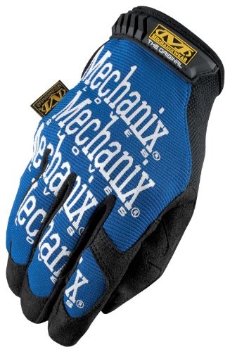 Blue synthetic leather palm gloves with a TrekDry back, featuring the Mechanix logo prominently displayed in white, designed for durability and comfort.