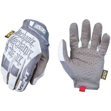 White Mechanix Specialty Vent Mechanics Gloves in size large, featuring a breathable design with perforated gray material and reinforced fingertips for enhanced grip and durability.