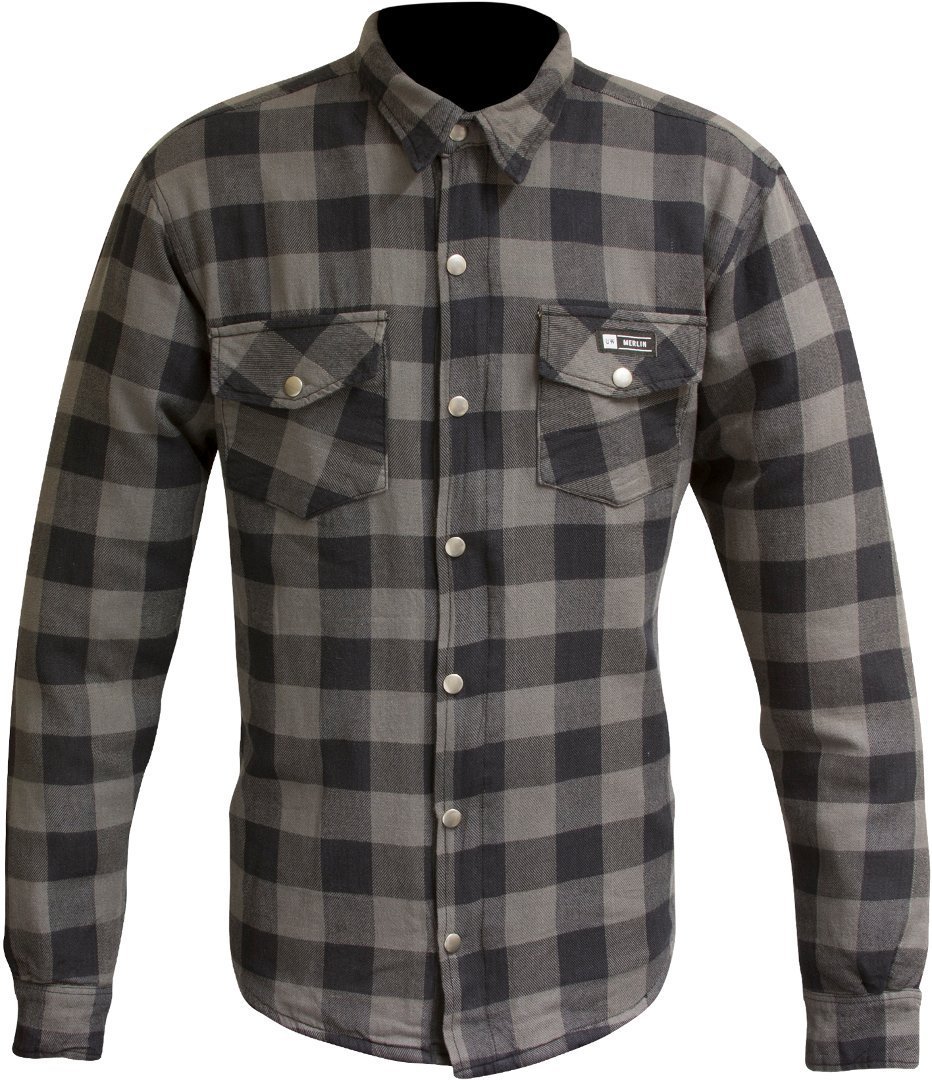 Black-grey plaid motorcycle shirt by Merlin, featuring a button-up front, two chest pockets, and long sleeves, available in size 2XL for men.