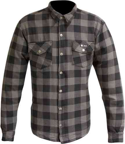 Black and grey plaid long-sleeve motorcycle shirt for men, featuring two chest pockets, button-down front, and a casual fit, size L by Merlin.