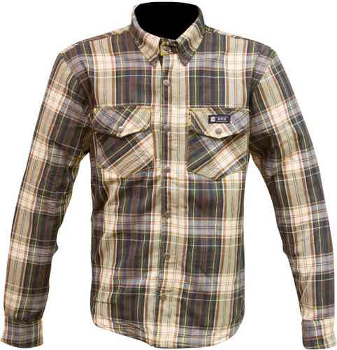 Brown plaid motorcycle shirt for men, size M, featuring a button-up front, two chest pockets, and a casual fit, made from durable material suitable for riding.