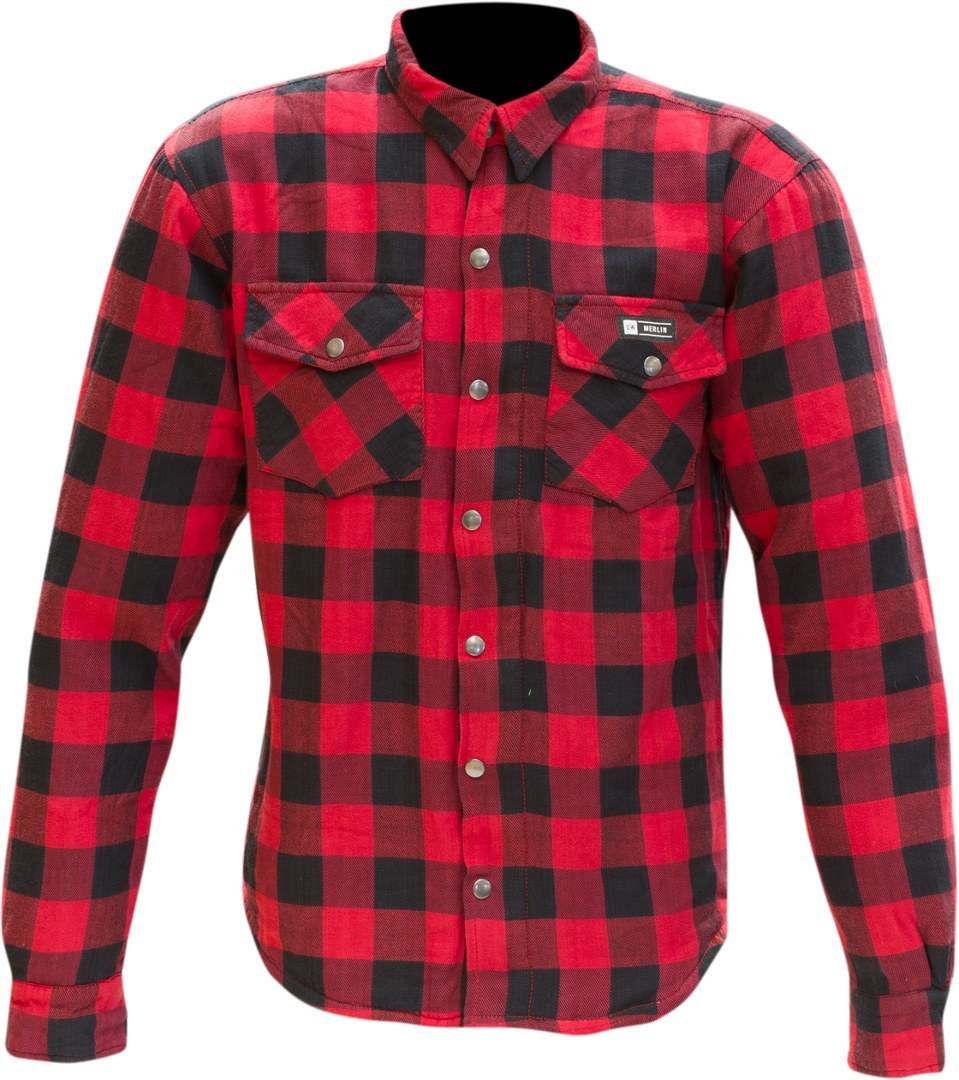 Black and red plaid flannel shirt with long sleeves, button-up front, two chest pockets, and a casual fit, designed for men in size S by Merlin.