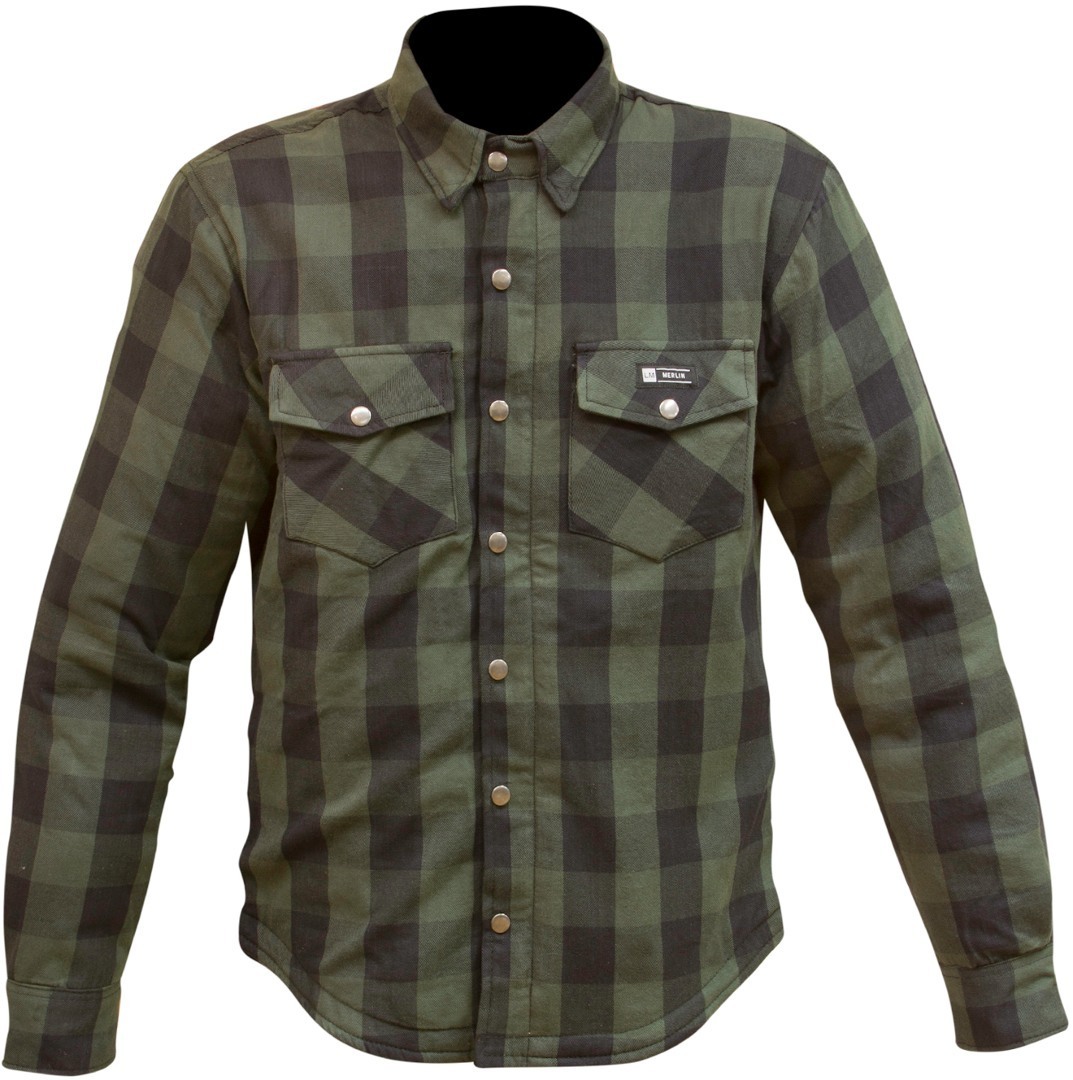 Green plaid motorcycle shirt by Merlin, featuring long sleeves, two chest pockets with snap closures, and a button-down front, available in size XL for men.