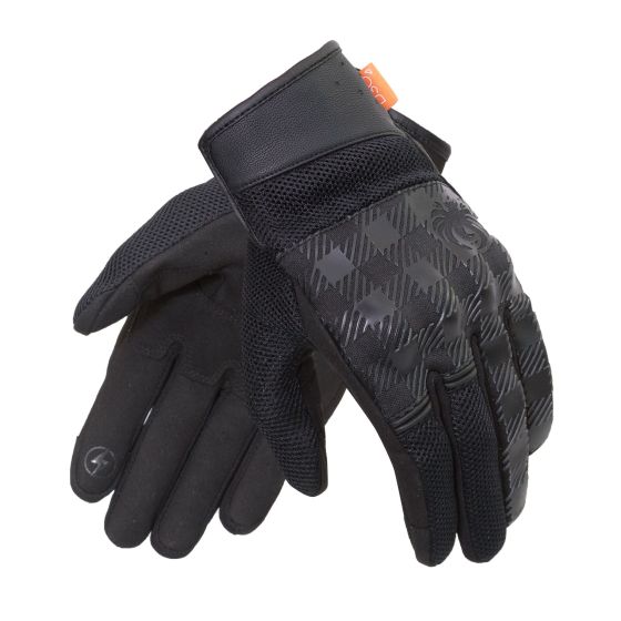 Black mesh motorcycle gloves featuring D3O protection, textured grip, and a stylish diamond pattern, designed for men in size L.
