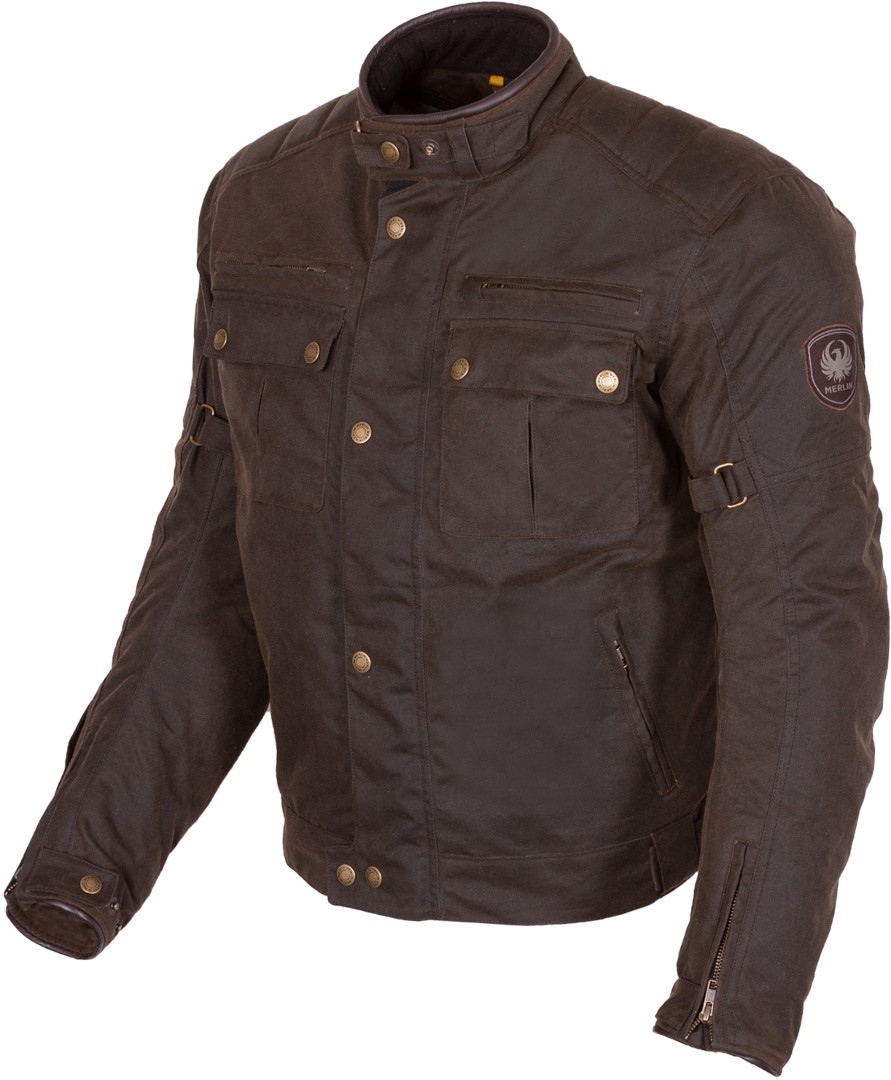 Green waxed motorcycle jacket for men, size M, featuring a high collar, multiple front pockets, and adjustable cuffs, made from durable material with a classic design.