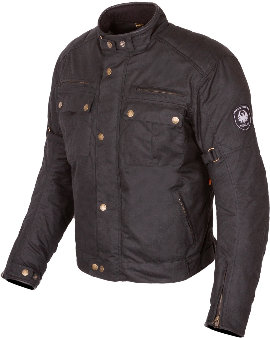 Black waxed motorcycle jacket for men, size S, featuring a high collar, multiple pockets, snap buttons, and a logo patch on the left sleeve.