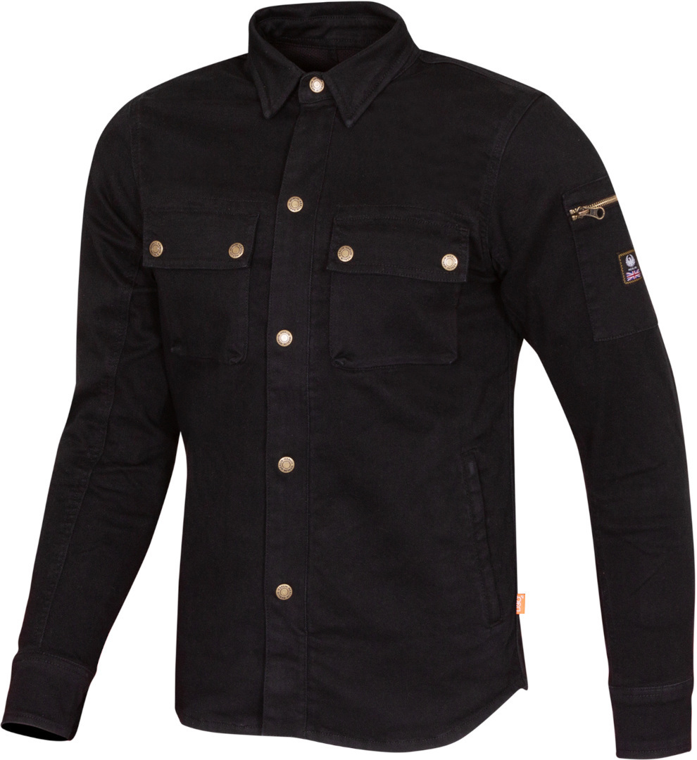 Black D3O single layer motorcycle shirt for men, size L, featuring a button-up front, two chest pockets with flaps, and a zippered arm pocket, made from durable material.