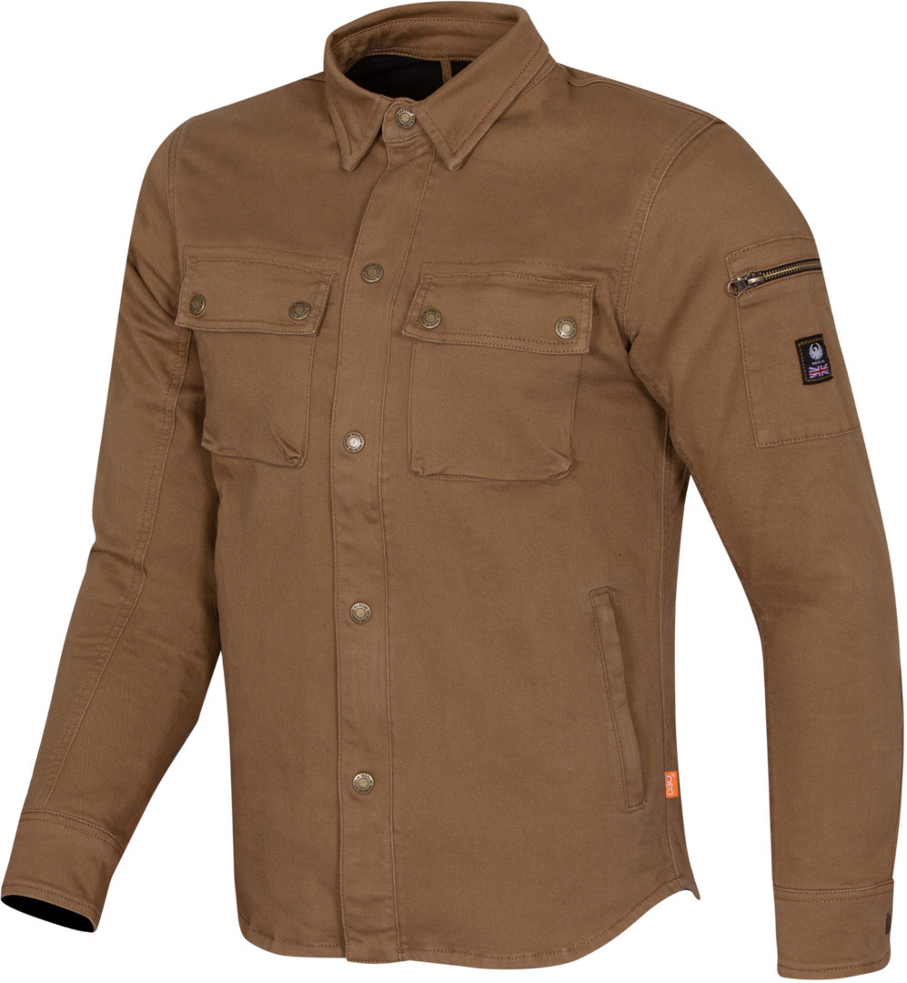 Brown D3O single layer motorcycle shirt for men, size L, featuring a button-up front, two chest pockets, and a zippered sleeve pocket, made from durable material.