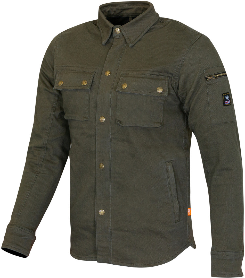 Green-brown Merlin Brody D3O motorcycle shirt in size S for men, featuring a button-up front, chest pockets, and a zippered sleeve pocket.