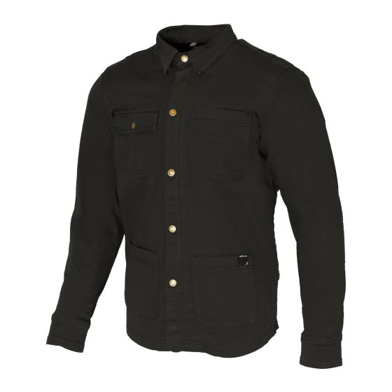 Black Merlin Carter Ghost D3O motorcycle riding shirt in size small, featuring a button-up front, two chest pockets, and a durable fabric design.