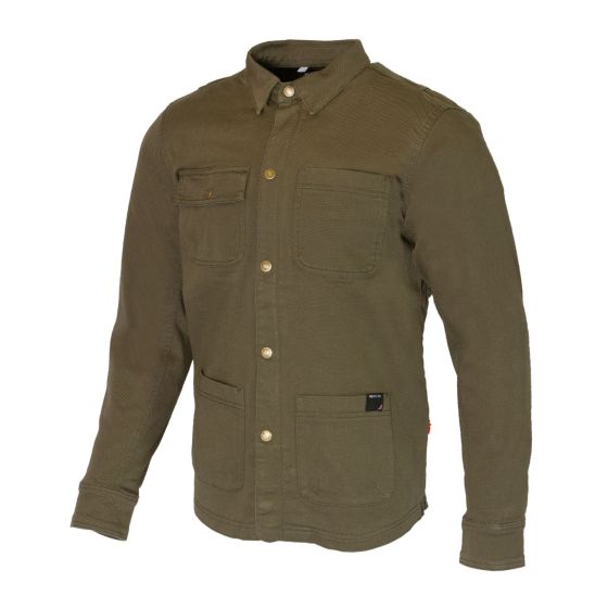 Green Merlin Carter Ghost D3O motorcycle riding shirt in medium size, featuring a button-up front, two chest pockets, and a durable fabric designed for protection.