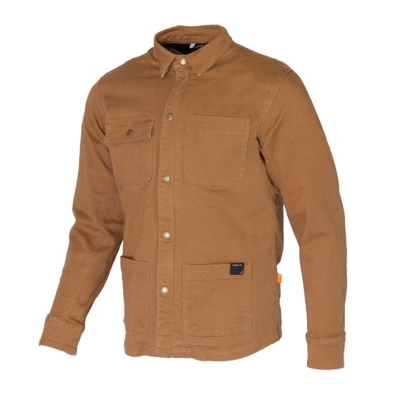 Camel brown motorcycle riding shirt made of durable material, featuring a button-up front, two chest pockets, and a relaxed fit, designed for comfort and protection.