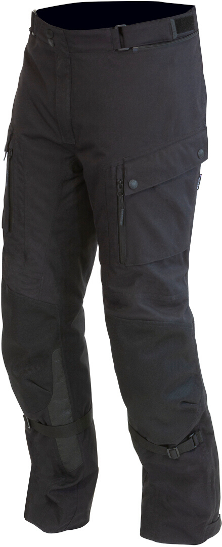 Black motorcycle textile pants in size 2XL, featuring D3O armor, multiple zippered pockets, adjustable waist, and reinforced knee panels for enhanced protection and comfort.