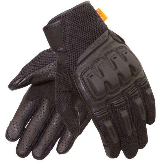 Black and grey motorcycle gloves made of D3O material, featuring mesh panels for breathability, padded knuckles, and a secure Velcro wrist closure.