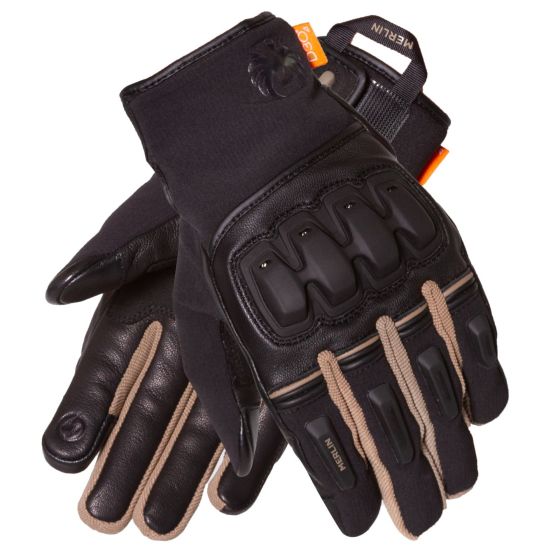Black and brown motorcycle gloves made from leather and textile, featuring protective knuckle armor and a secure wrist strap, designed for comfort and safety.