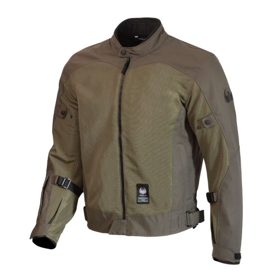 Green air mesh motorcycle textile jacket for men, featuring a zip front, adjustable straps, and padded shoulders, designed for comfort and ventilation in size S.