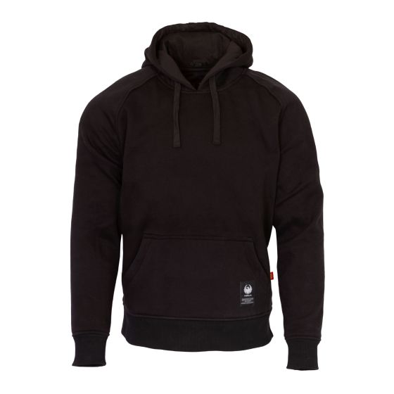 Black motorcycle hoodie made from soft fabric, featuring a front pocket, adjustable drawstring hood, and D3O armor for protection, designed for men in size S.