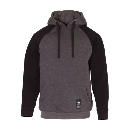 Black and grey pullover hoody with a kangaroo pocket, D3O armor inserts, and a drawstring hood, featuring raglan sleeves and a subtle logo patch at the hem.