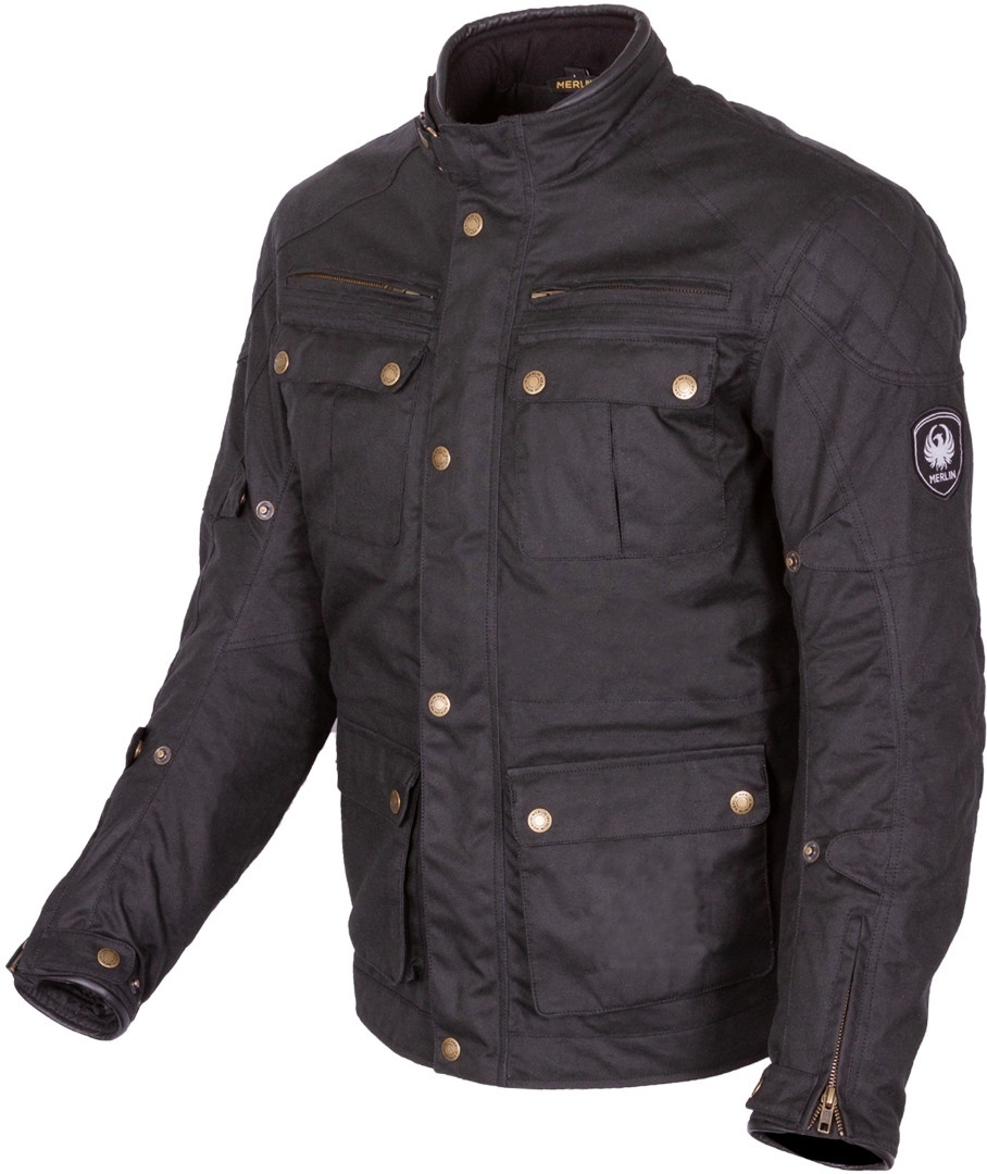Black waxed motorcycle jacket for men, size L, featuring multiple front pockets, a high collar, and brass snap buttons, designed for durability and style.