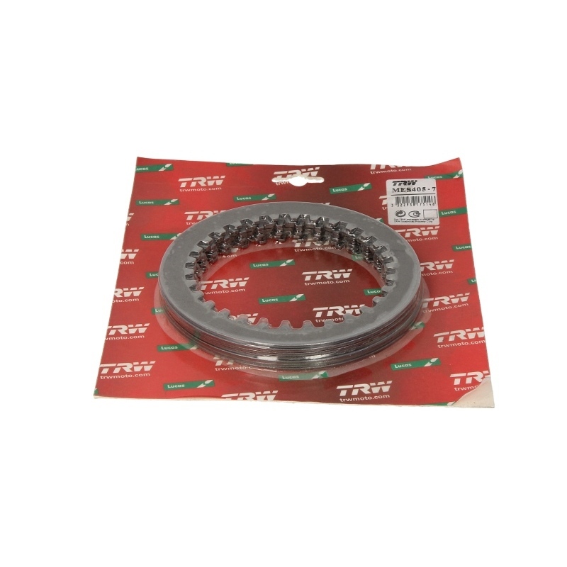 Steel lining disc set for clutch, featuring a circular metallic disc with a toothed edge, packaged on a red and green TRW branded backing.