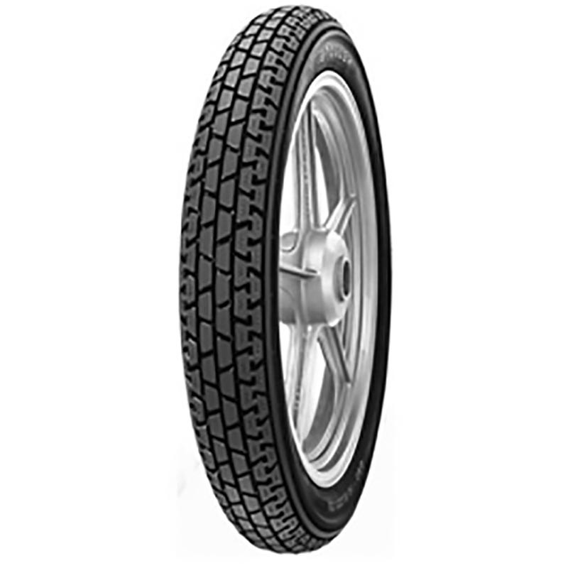 Black motorcycle tire with a textured tread pattern, labeled "Metzeler Block C 3.00-19 RF TT 54P," mounted on a silver alloy wheel.