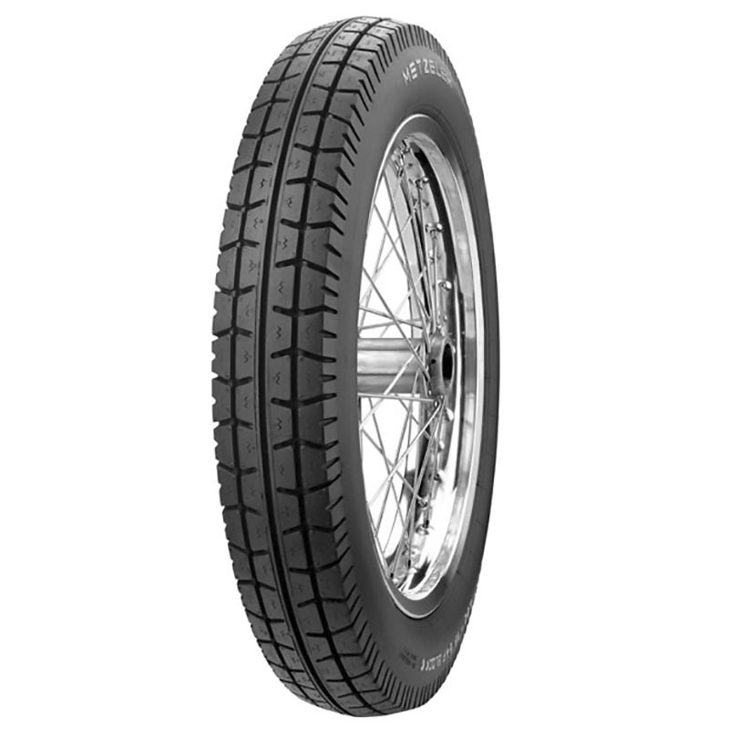 Black motorcycle tire with a tread pattern designed for grip, featuring a 4.00-18 size and 64P load rating, mounted on a shiny, silver wire-spoke wheel.