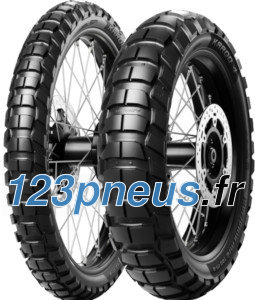 Black Metzeler Karoo 4 motorcycle tire, size 100/90-19, featuring a rugged tread pattern designed for off-road performance, mounted on a spoked wheel.