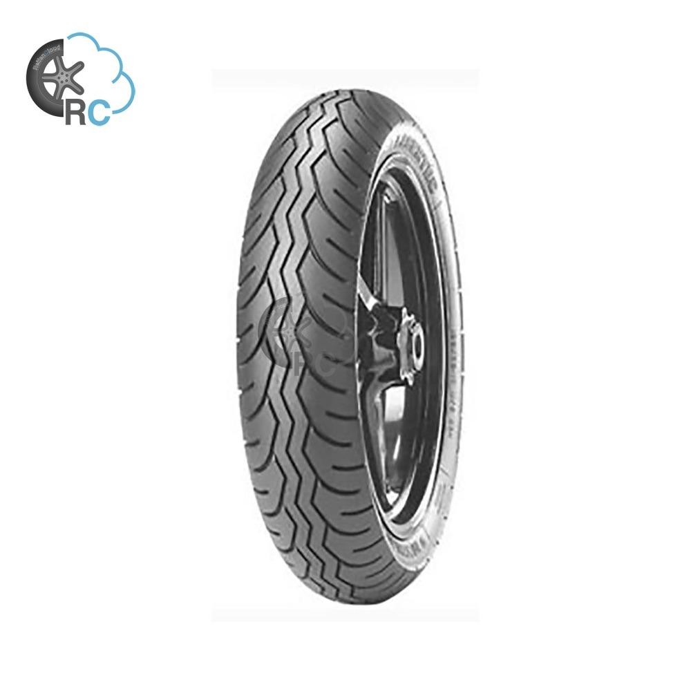 Black motorcycle tire with a distinctive tread pattern, labeled Metzeler Lasertec, size 100/90 V18 TL (56V), designed for front wheel use.