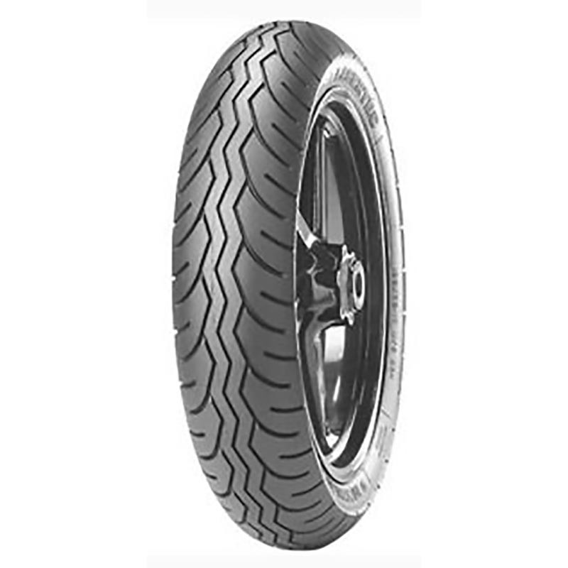 Metzeler Lasertec front motorcycle tire, size 110/80 V18, featuring a black rubber tread with a distinctive zigzag pattern and a sleek black rim.
