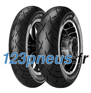 Black motorcycle tire with a tread pattern designed for stability, featuring a white sidewall logo that reads "Metzeler ME888 Marathon Ultra," suitable for front wheel use.