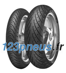 Two black motorcycle tires with a slick tread pattern, featuring a shiny silver rim, designed for performance and stability, labeled "Roadtec 01" by METZELER.
