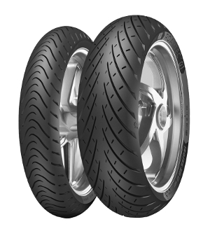 Black Metzeler Roadtec 01 motorcycle tire (110/90-18 TL 61H) with a sleek tread pattern, designed for rear wheels, showcasing a durable rubber material and modern design.